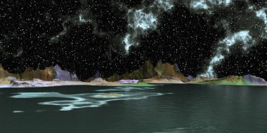 Uzaylı Gezegeni. Dağ ve göl. 3d render 