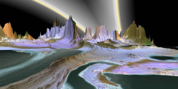 Alien Planet. Mountain and lake. 3D rendering — Stock Photo, Image