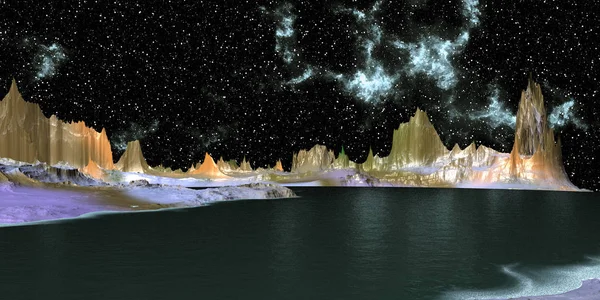 Planeta Extraterrestre. Montaña y lago. Renderizado 3D —  Fotos de Stock