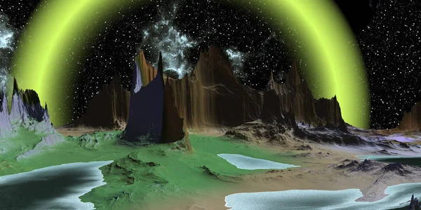 Pianeta alieno. Montagna e lago. Rendering 3D — Foto Stock