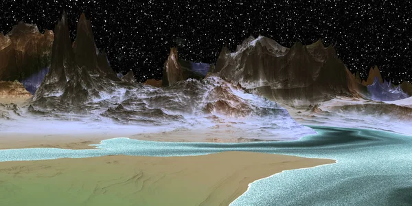 Планета пришельцев. Гора и озеро. 3D рендеринг — стоковое фото