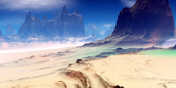 Fantasy alien planet. Mountain. 3D illustration
