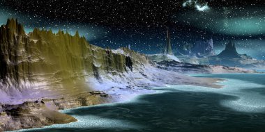 Uzaylı Gezegeni. Dağ ve göl. 3d render 