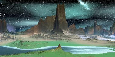 Uzaylı Gezegeni. Dağ ve göl. 3d render 