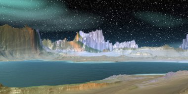 Uzaylı Gezegeni. Dağ ve göl. 3d render 