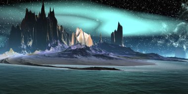 Uzaylı Gezegeni. Dağ ve göl. 3d render 