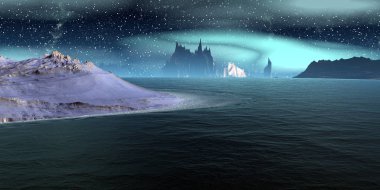 Uzaylı Gezegeni. Dağ ve göl. 3d render 