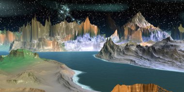 Uzaylı Gezegeni. Dağ ve göl. 3d render 