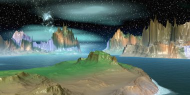 Uzaylı Gezegeni. Dağ ve göl. 3d render 