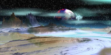 Uzaylı Gezegeni. Dağ ve göl. 3d render 