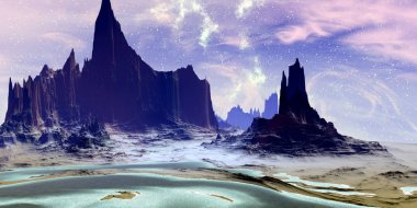 Uzaylı Gezegeni. Dağ ve göl. 3d render 