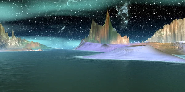 Alien Planet. Montagne et lac. rendu 3D — Photo