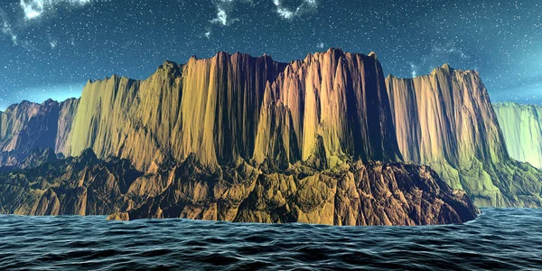 Εξωγήινος πλανήτης. Βουνό και λίμνη. απόδοση 3D — Φωτογραφία Αρχείου