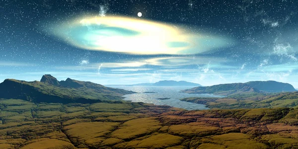 Alien Planet. Mountain and lake. 3D rendering — Stock Photo, Image