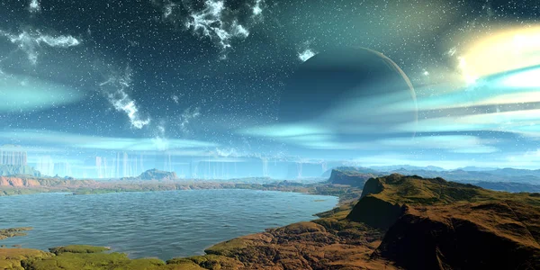 외계 행성. 산과 호수. 3D 렌더링 — 스톡 사진