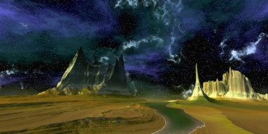 Uzaylı Gezegeni. Dağ ve göl. 3d render 