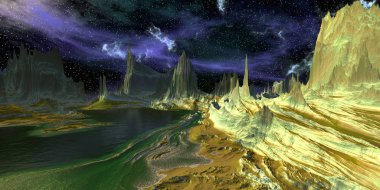 Uzaylı Gezegeni. Dağ ve göl. 3d render 