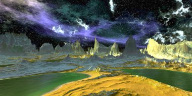 Uzaylı Gezegeni. Dağ ve göl. 3d render 