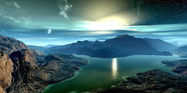 Uzaylı Gezegeni. Dağ ve göl. 3d render 
