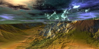 Yabancı gezegen. Dağ. 3D render 