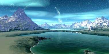 Uzaylı Gezegeni. Dağ ve göl. 3d render 