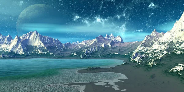 Εξωγήινος πλανήτης. Βουνό και λίμνη. απόδοση 3D — Φωτογραφία Αρχείου