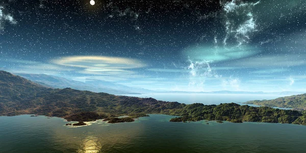 Planeta Extraterrestre. Montaña y lago. Renderizado 3D —  Fotos de Stock