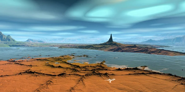 Planeta Extraterrestre. Montaña y lago. Renderizado 3D — Foto de Stock