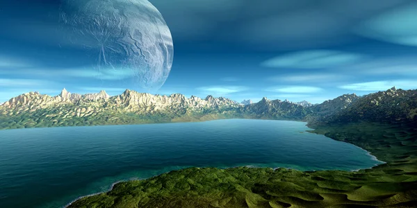 Mimozemská planeta. Hory a jezero. prostorové vykreslování — Stock fotografie