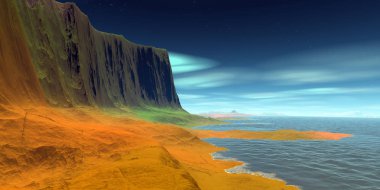 Uzaylı Gezegeni. Dağ ve göl. 3d render 