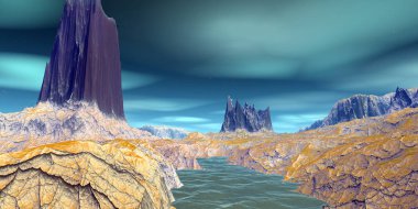 Uzaylı Gezegeni. Dağ ve göl. 3d render 