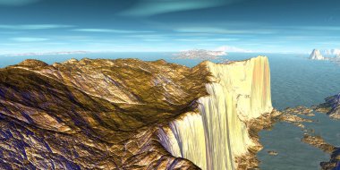 Uzaylı Gezegeni. Dağ ve göl. 3d render 