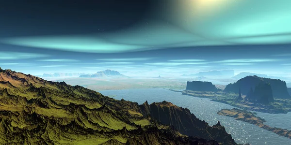 Alien Planet. Mountain and lake. 3D rendering — Stock Photo, Image