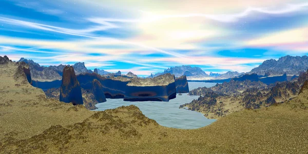 Alien Planet. Montagne et lac. rendu 3D — Photo