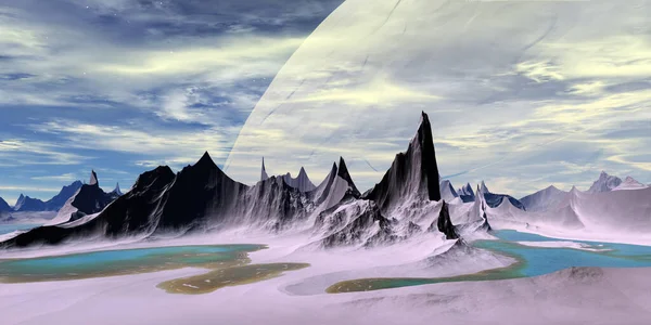 Obcych planet. Góry i jezioro. Renderowanie 3D — Zdjęcie stockowe