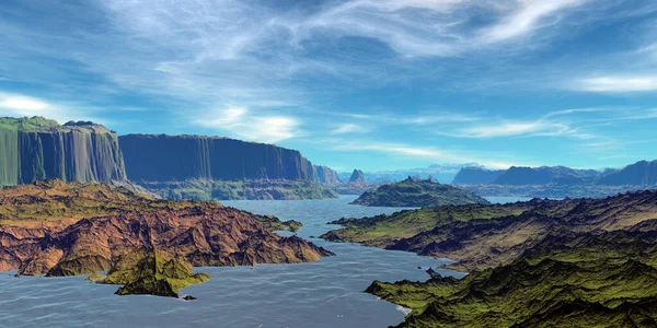 Buitenaardse planeet. Bergen en het meer. 3D-rendering — Stockfoto