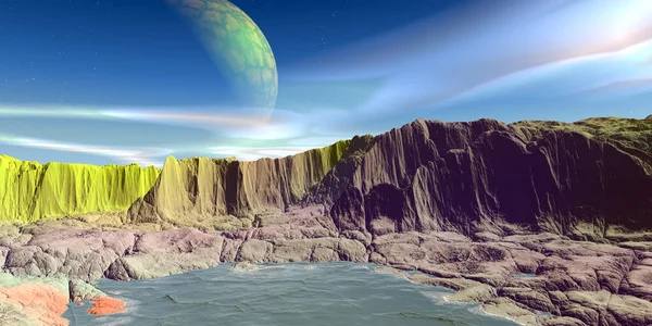 Alien Planet. Mountain and lake. 3D rendering — Stock Photo, Image