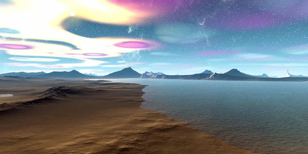 Planeta Extraterrestre. Montaña y lago. Renderizado 3D — Foto de Stock