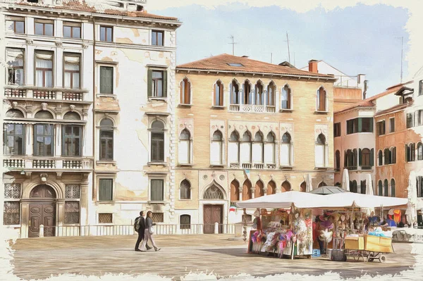 Venecia. Plaza en el centro histórico de la ciudad. Imitación de una imagen. Pintura al óleo. Ilustración —  Fotos de Stock