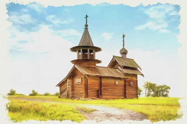 キジ古い木造教会。写真の模倣。油絵具。イラスト — ストック写真