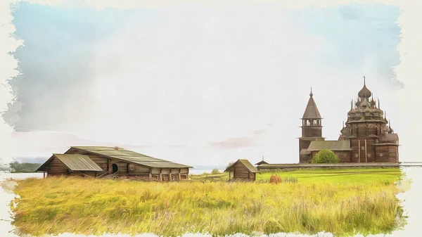 Det är Kizhi. Forntida kyrkan av Förhärligande. Imitation av en bild. Oljefärg. Illustration — Stockfoto