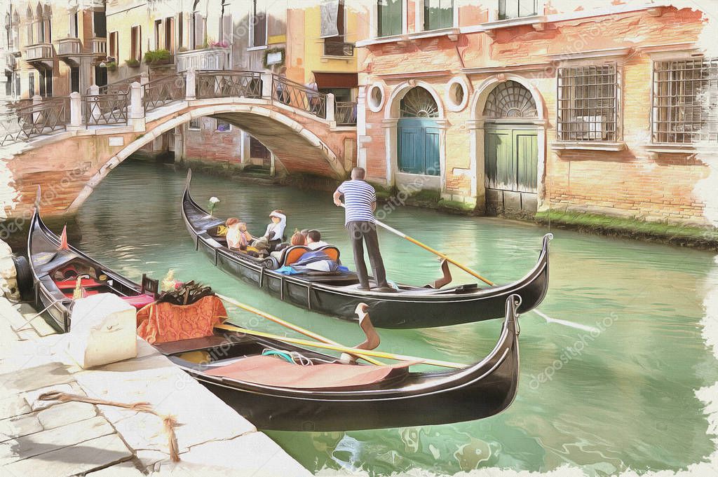 Gondolas and gondoliers. Imitation of a picture. Oil paint. Illustration 