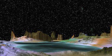 Uzaylı Gezegeni. Dağ ve göl. 3d render 