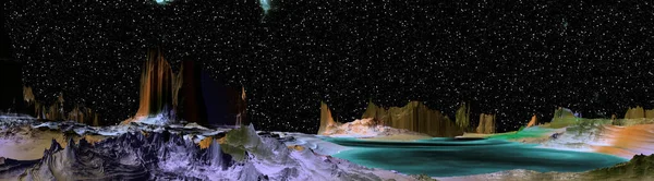 Pianeta alieno. Montagna e lago. Rendering 3D — Foto Stock
