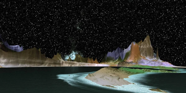 Alien Planet. Montagne et lac. rendu 3D — Photo