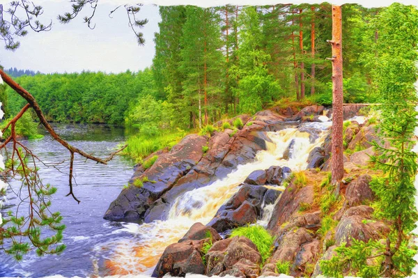 Imitação de uma fotografia. Tinta a óleo. Ilustração. Pequeno waterfal — Fotografia de Stock