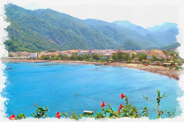 Mittelmeerküste Resort Stadt Marmaris Ölfarbe Auf Leinwand Bild Mit Foto — Stockfoto
