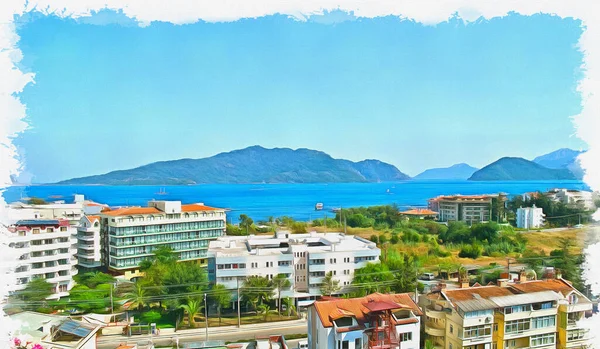 Coast Mediterranean Resort City Marmaris Oil Paint Canvas Picture Photo — Stock Photo, Image