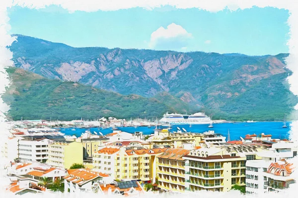 Costa Mediterrâneo Resort Cidade Marmaris Tinta Óleo Sobre Tela Imagem — Fotografia de Stock