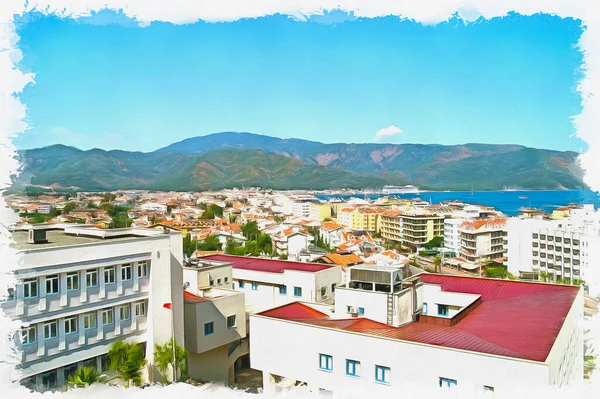 Costa Mediterrâneo Resort Cidade Marmaris Tinta Óleo Sobre Tela Imagem — Fotografia de Stock